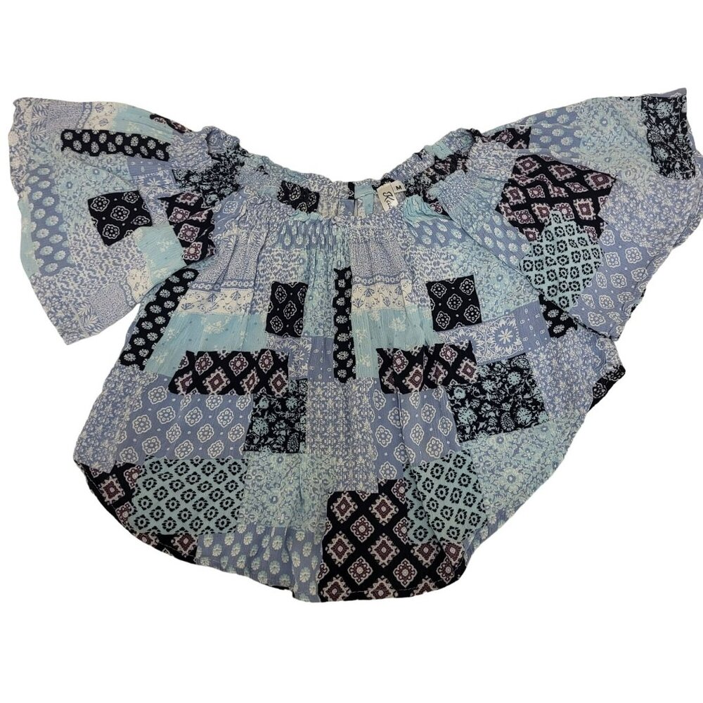 Kai Aloha Maui Patchwork Crop Top Blouse Off The Shoulder Women's Medium Blue